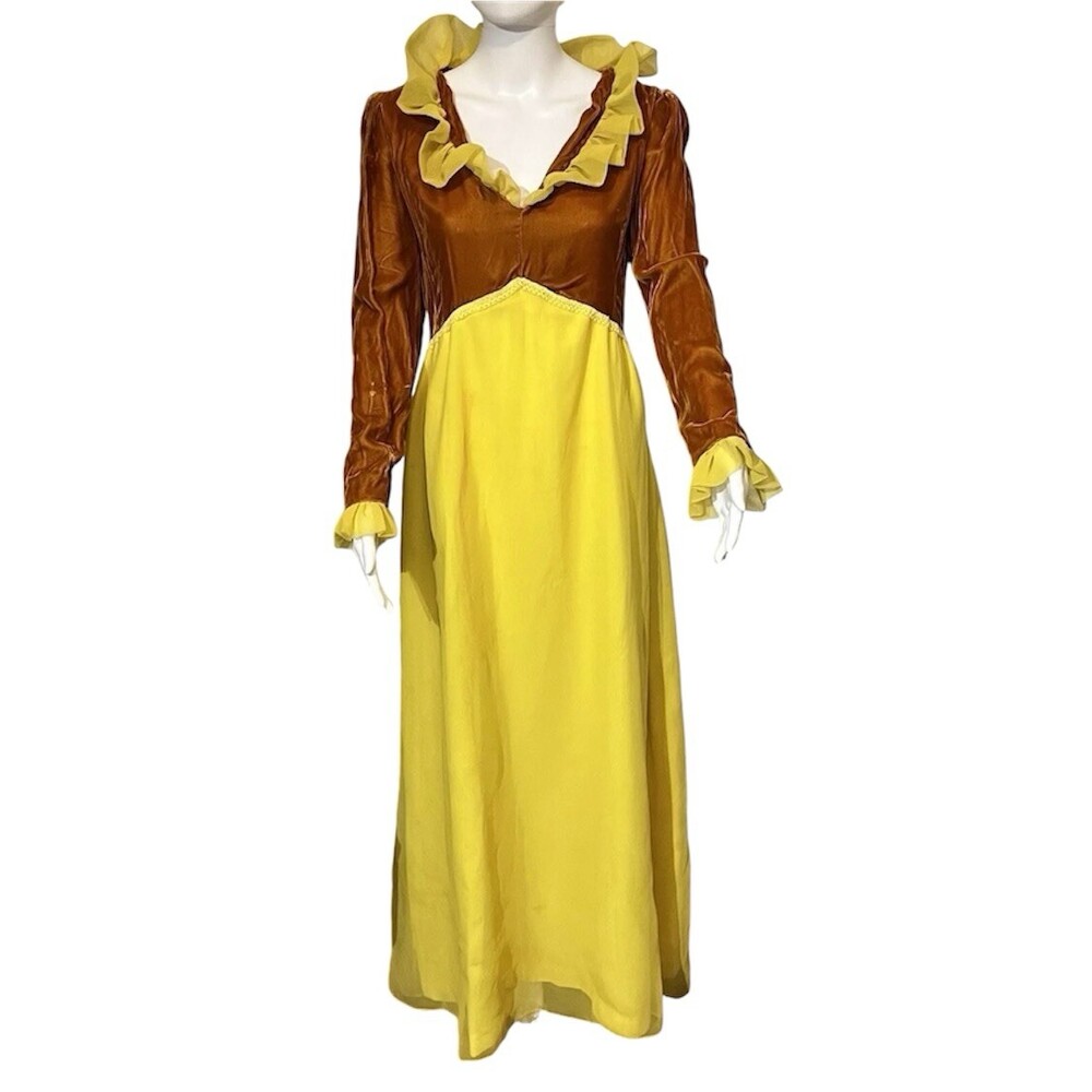 Vintage Gunne Velvet Hostess Dress Sunshine 50s 60s Ruffle Chiffon Maxi Summer